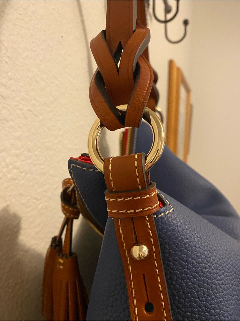 Dooney & Bourke Blue Pebbled Leather Hobo with Tan Trim and Tassel - Picture 4 of 11